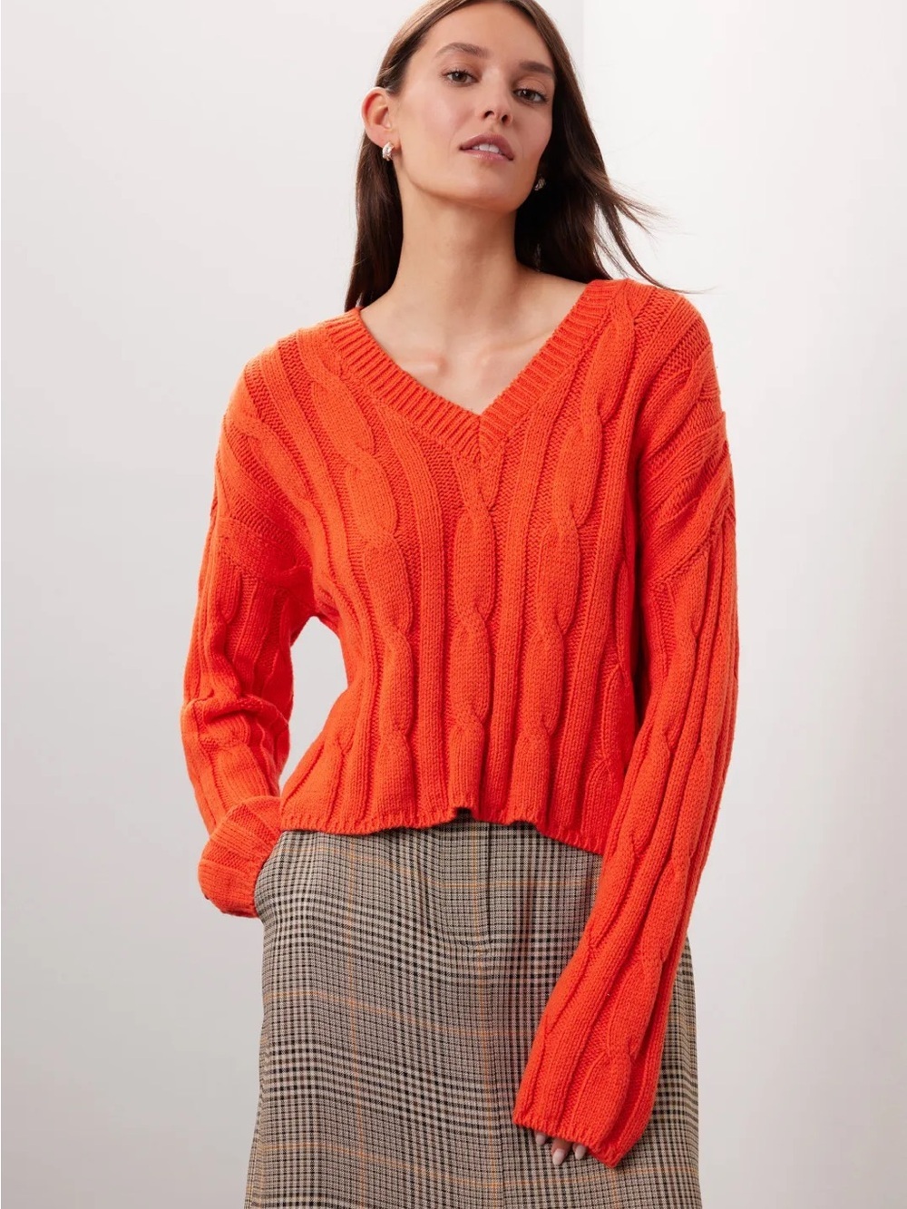 Madewell Cable Knit V Neck Sweater Burnt Orange Cotton Blend Cropped XS
